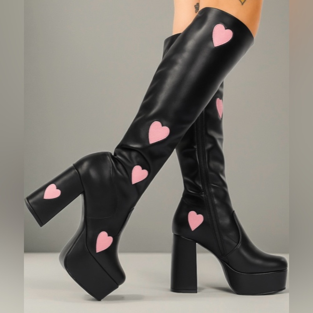 LAmade Black Boots with Pink Heart Accents